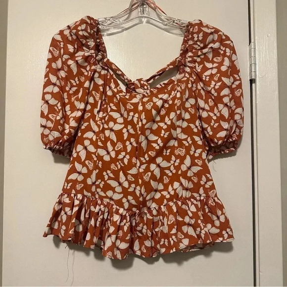 milk & honey Tops - Milk & Honey Orange Butterfly Corset Puff Sleeve Blouse Size XL